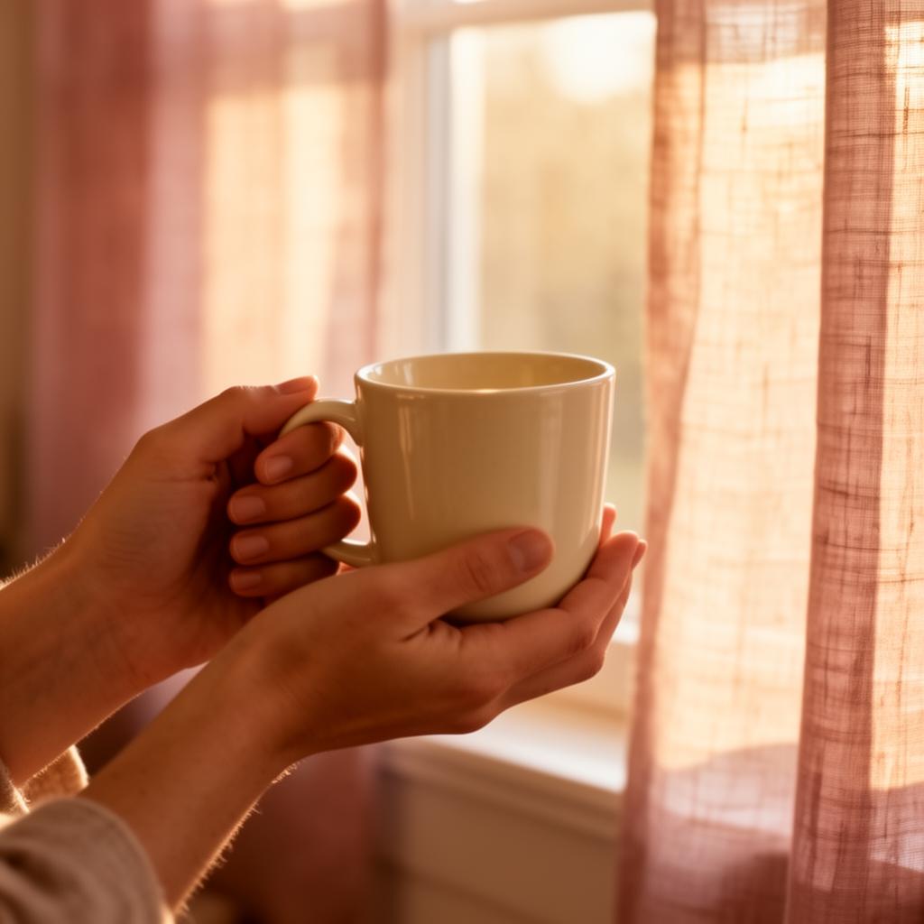 Hands gently cradling a warm mug by a sunlit window — a quiet moment of beginning again