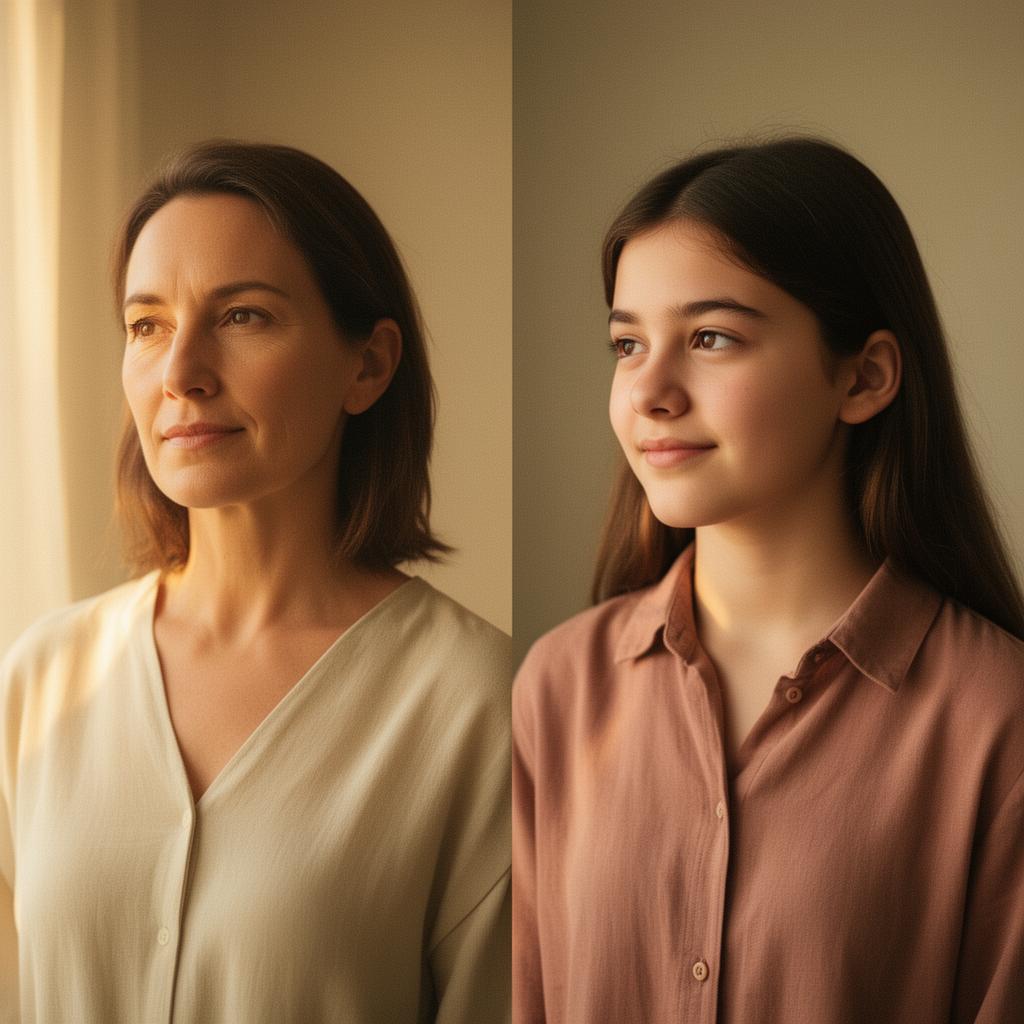 A woman and a teenage girl side by side in soft natural light — symbol of support across generations